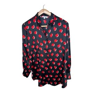 Chico’s Size 3 Heart Print Tunic Blouse Black Red Satin Size 16 Button Up